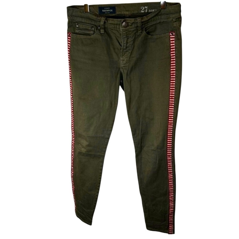 2/$30 J. Crew Toothpick 27 Ankle Pant Olive Green Striped Contrast Trim Ribbon